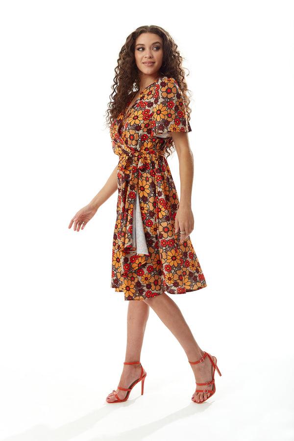 Liquorish Women’s Midi Wrap Dress In Vibrant Orange And Red Floral Print With Short Sleeves - Chic Tie Waist By Liquorish