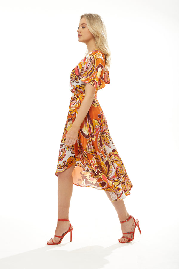 Liquorish Women's Midi Wrap Dress In Vibrant Orange Floral With Short Sleeves - Stylish Design By Liquorish