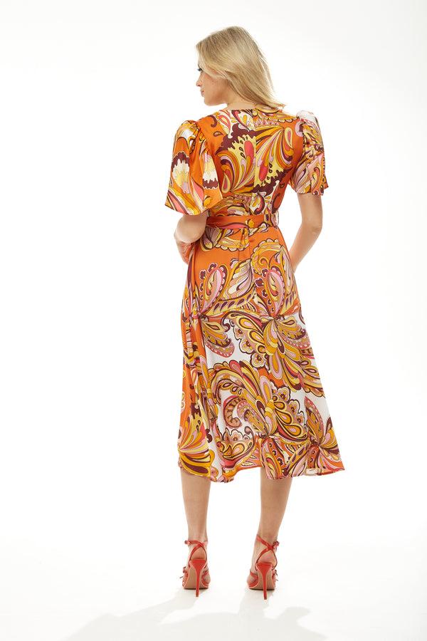 Liquorish Women's Midi Wrap Dress In Vibrant Orange Floral With Short Sleeves - Stylish Design By Liquorish