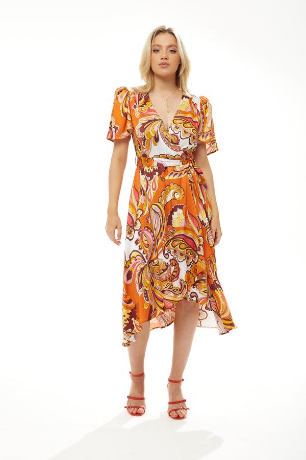 Liquorish Women's Midi Wrap Dress in Vibrant Orange Floral with Short Sleeves - Stylish Design by Liquorish