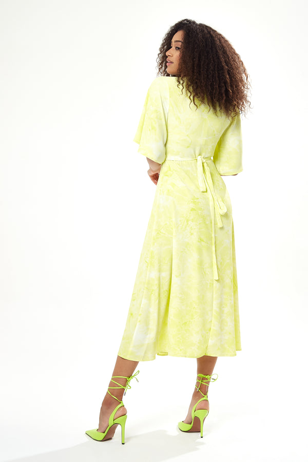 Liquorish Women's Midi Wrap Dress In Vibrant Yellow With Kimono Sleeves - Elegant Style By Liquorish