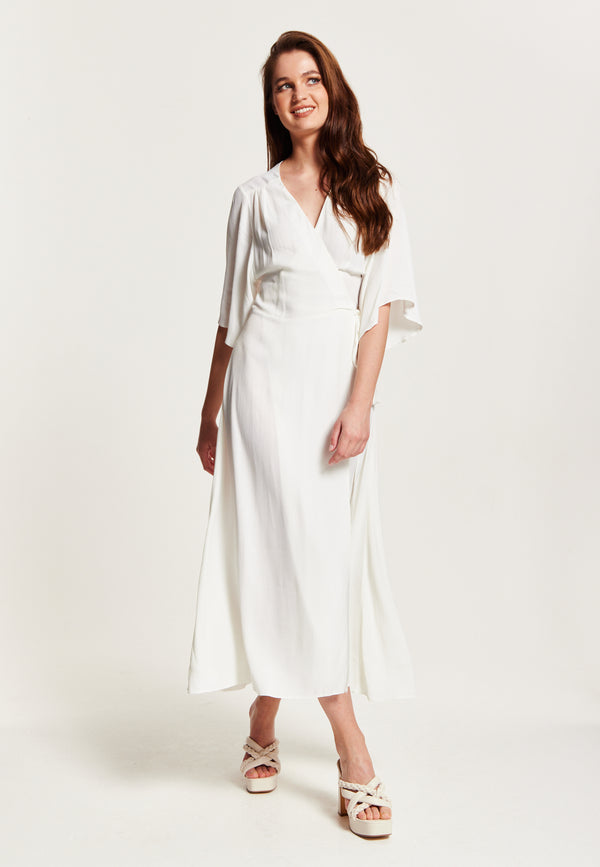 Liquorish Women's Midi Wrap Dress In White - Short Kimono Sleeves With Matching Tie Waist For A Flattering Fit By Liquorish