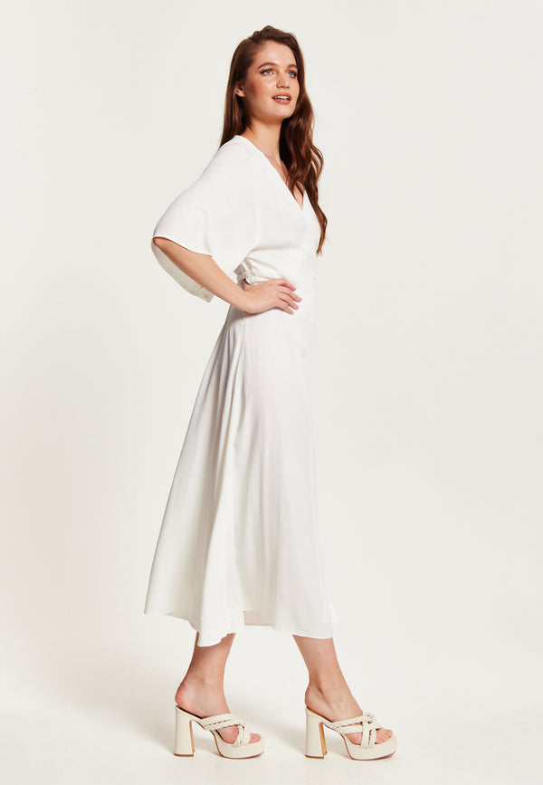 Liquorish Women's Midi Wrap Dress In White - Short Kimono Sleeves With Matching Tie Waist For A Flattering Fit By Liquorish