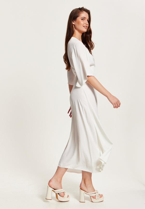 Liquorish Women's Midi Wrap Dress In White - Short Kimono Sleeves With Matching Tie Waist For A Flattering Fit By Liquorish