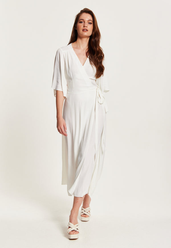 Liquorish Women's Midi Wrap Dress in White - Short Kimono Sleeves with Matching Tie Waist for a Flattering Fit by Liquorish