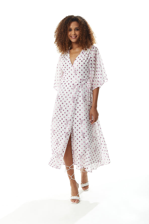 Liquorish Women’s Midi Wrap Dress In White With Pink Floral & Polka Dots V Neck Kimono Sleeves - Liquorish