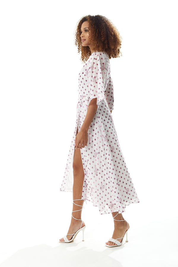 Liquorish Women’s Midi Wrap Dress In White With Pink Floral & Polka Dots V Neck Kimono Sleeves - Liquorish