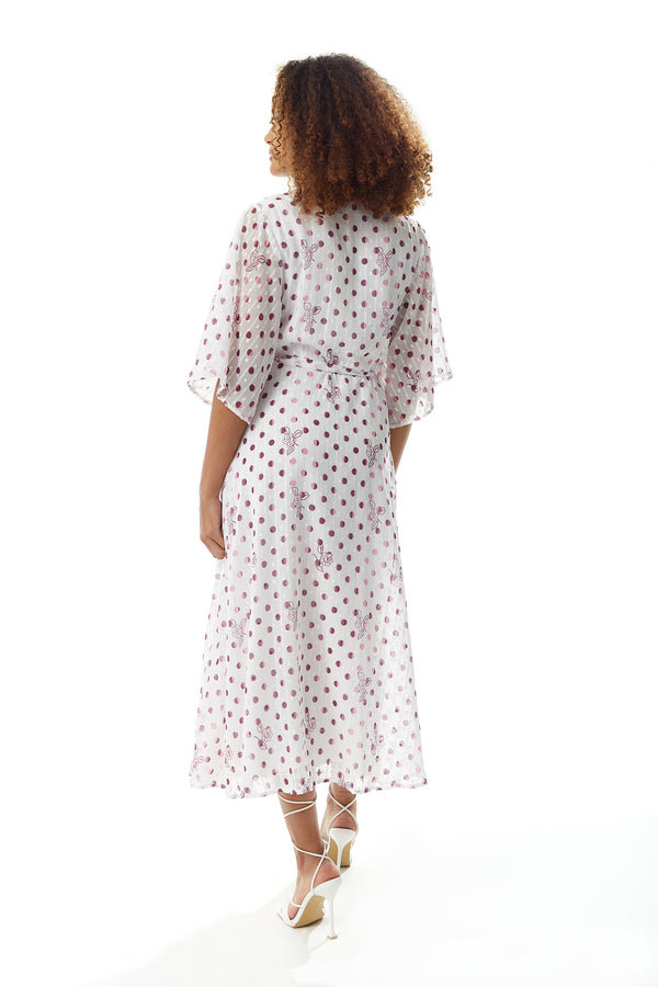 Liquorish Women’s Midi Wrap Dress In White With Pink Floral & Polka Dots V Neck Kimono Sleeves - Liquorish