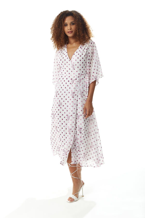 Liquorish Women’s Midi Wrap Dress in White with Pink Floral & Polka Dots V Neck Kimono Sleeves - Liquorish