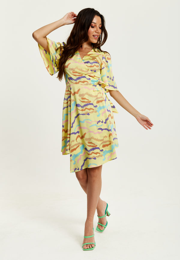 Liquorish Women's Midi Wrap Dress In Yellow With Kimono Sleeves And Abstract Print - Stylish Design By Liquorish
