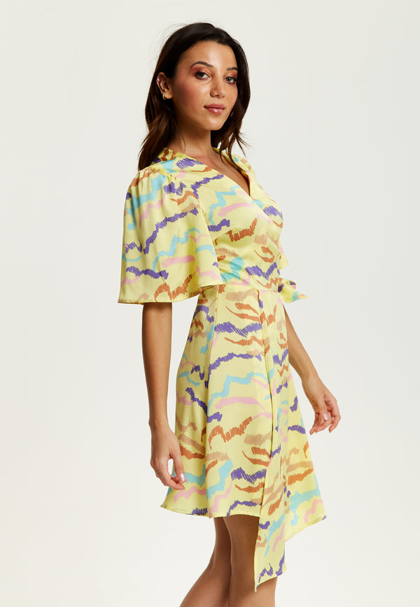 Liquorish Women's Midi Wrap Dress In Yellow With Kimono Sleeves And Abstract Print - Stylish Design By Liquorish