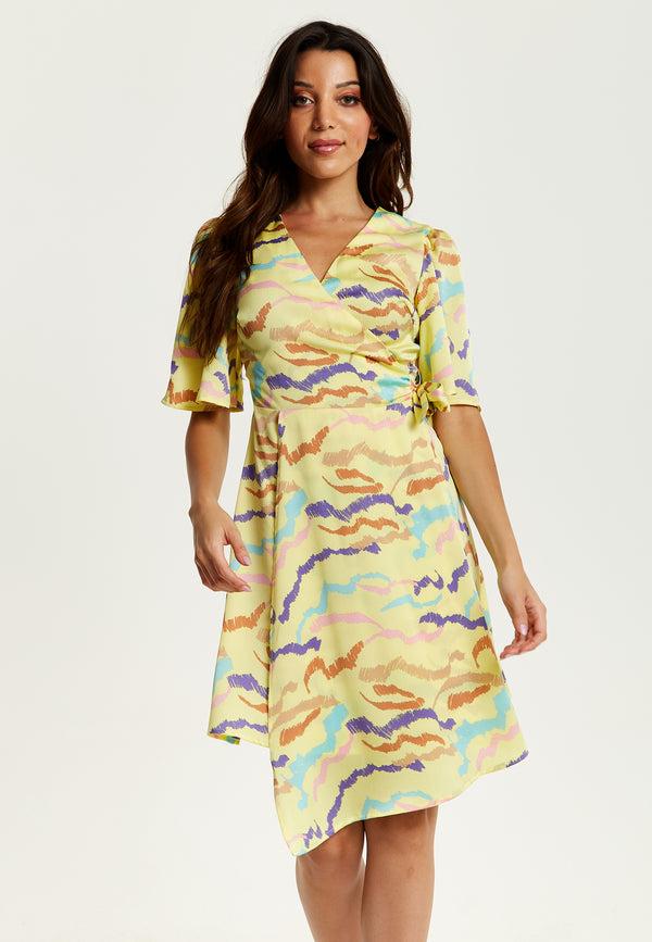 Liquorish Women's Midi Wrap Dress in Yellow with Kimono Sleeves and Abstract Print - Stylish Design by Liquorish
