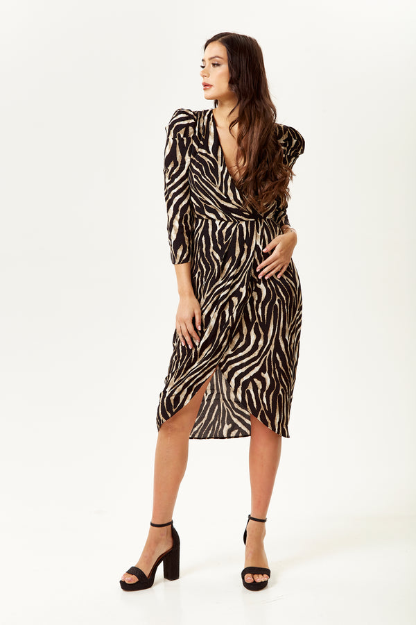Liquorish Women's Midi Wrap Dress In Zebra Print With Long Sleeves - Stylish Crossover Design For Every Occasion - Liquorish