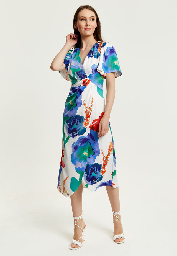 Liquorish Women's Midi Wrap Dress - White Floral Print With Short Sleeves Front Slit & Flattering Fit - Liquorish