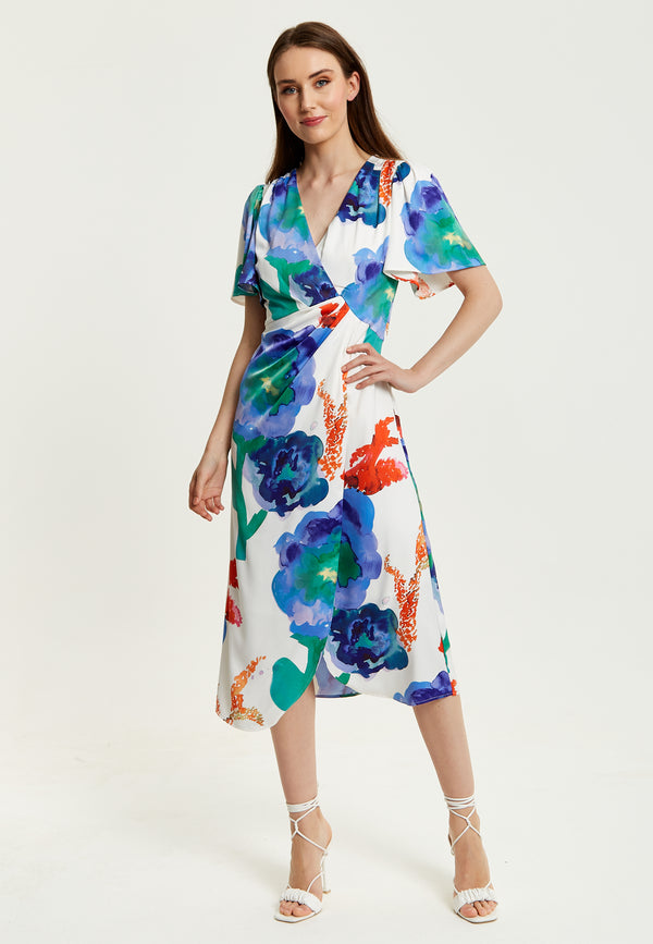 Liquorish Women's Midi Wrap Dress - White Floral Print with Short Sleeves Front Slit & Flattering Fit - Liquorish