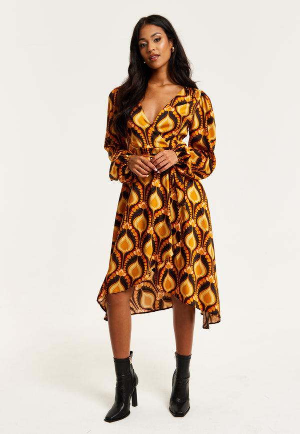 Liquorish Women's Midi Wrap Dress With Balloon Sleeves In Retro Print - Elegant Fake Wrap Style Perfect For Any Occasion By Liquorish