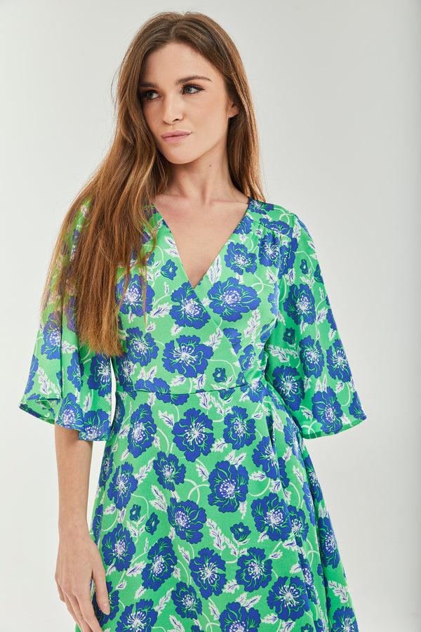 Liquorish Women's Midi Wrap Dress With Flared Kimono Sleeves In Green Floral Print - Elegantly Chic By Liquorish