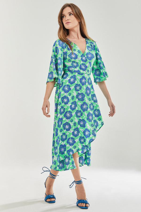 Liquorish Women's Midi Wrap Dress With Flared Kimono Sleeves In Green Floral Print - Elegantly Chic By Liquorish