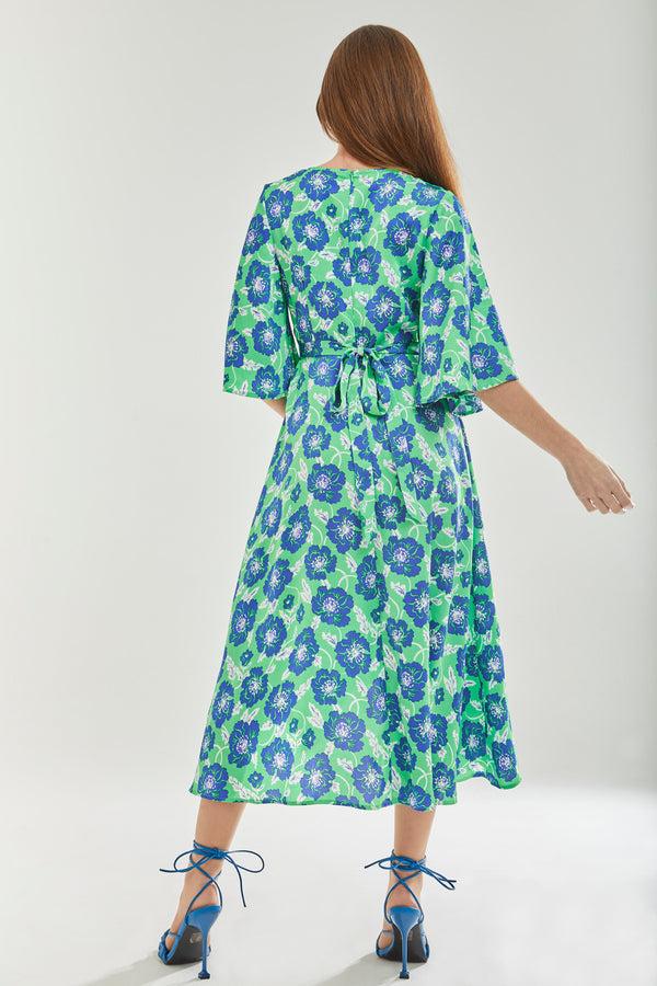 Liquorish Women's Midi Wrap Dress With Flared Kimono Sleeves In Green Floral Print - Elegantly Chic By Liquorish