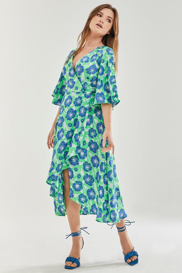 Liquorish Women's Midi Wrap Dress with Flared Kimono Sleeves in Green Floral Print - Elegantly Chic by Liquorish