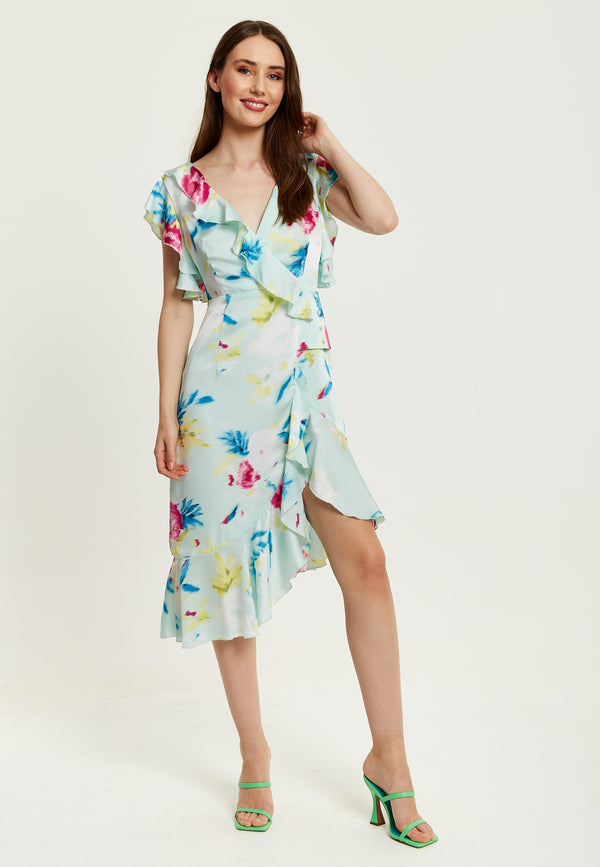 Liquorish Women's Midi Wrap Dress With Flouncy Sleeves In Mint Green - Elegant Floral Design For Every Occasion By Liquorish