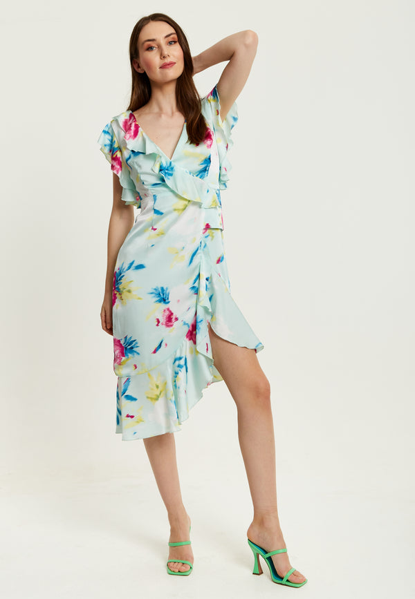 Liquorish Women's Midi Wrap Dress With Flouncy Sleeves In Mint Green - Elegant Floral Design For Every Occasion By Liquorish