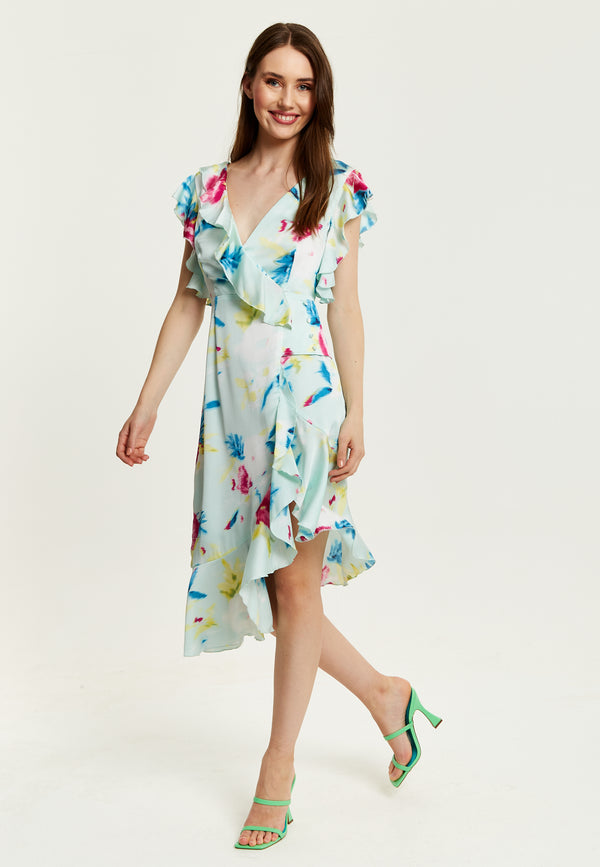 Liquorish Women's Midi Wrap Dress With Flouncy Sleeves In Mint Green - Elegant Floral Design For Every Occasion By Liquorish