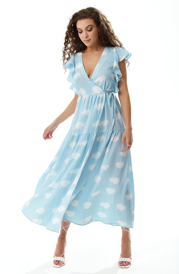 Liquorish Women’s Midi Wrap Dress With Frill Short Sleeves In Blue - Cloud Print Tie Waist Elegance For Weddings By Liquorish