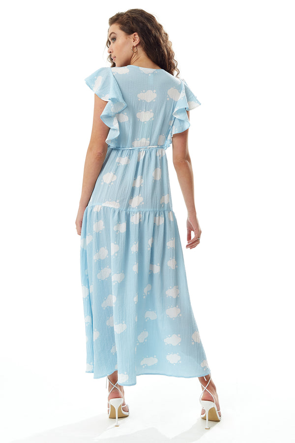 Liquorish Women’s Midi Wrap Dress With Frill Short Sleeves In Blue - Cloud Print Tie Waist Elegance For Weddings By Liquorish