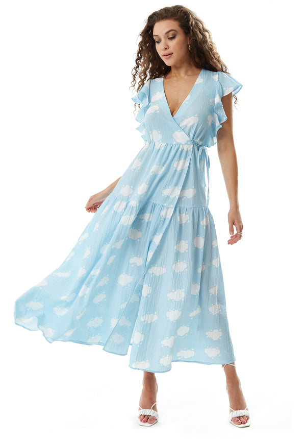 Liquorish Women’s Midi Wrap Dress with Frill Short Sleeves in Blue - Cloud Print Tie Waist Elegance for Weddings by Liquorish
