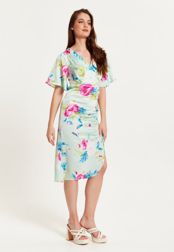 Liquorish Women's Midi Wrap Dress With Kimono Sleeves And Floral Print In Mint Green - Liquorish