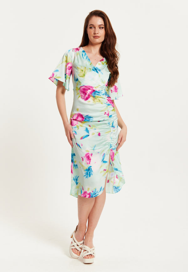 Liquorish Women's Midi Wrap Dress With Kimono Sleeves And Floral Print In Mint Green - Liquorish