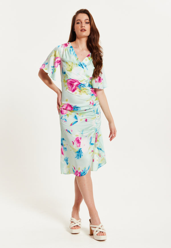 Liquorish Women's Midi Wrap Dress with Kimono Sleeves and Floral Print in Mint Green - Liquorish