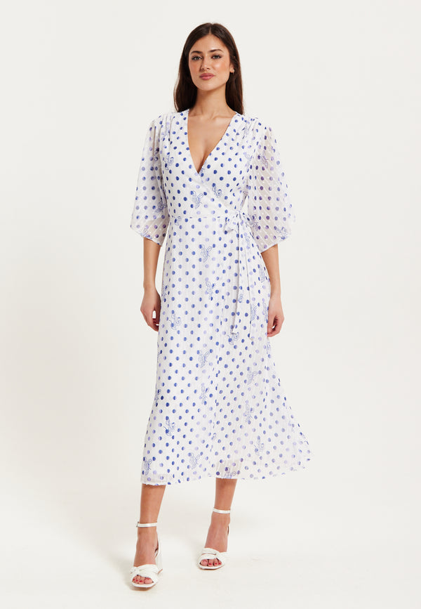 Liquorish Women’s Midi Wrap Dress With Kimono Sleeves In White And Blue Floral Polka Dot Print - Liquorish