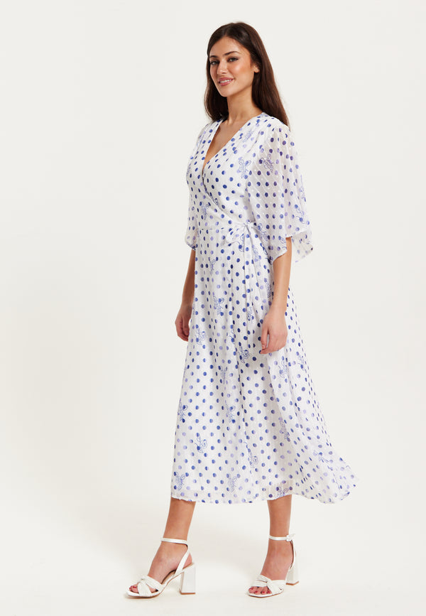 Liquorish Women’s Midi Wrap Dress With Kimono Sleeves In White And Blue Floral Polka Dot Print - Liquorish