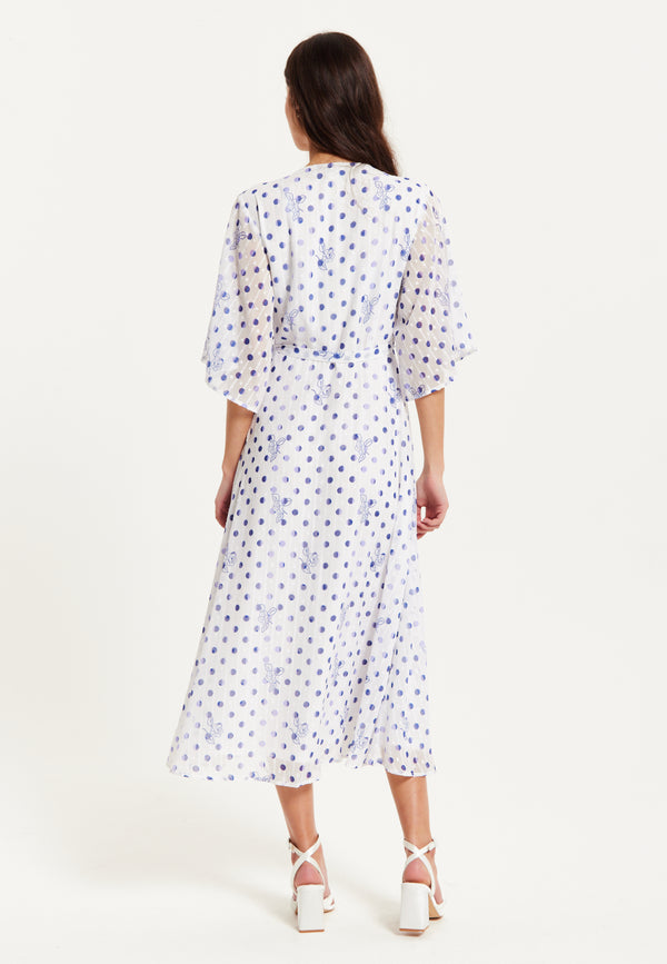 Liquorish Women’s Midi Wrap Dress With Kimono Sleeves In White And Blue Floral Polka Dot Print - Liquorish