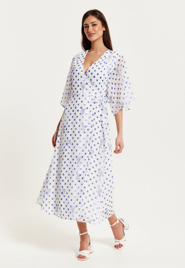 Liquorish Women’s Midi Wrap Dress with Kimono Sleeves in White and Blue Floral Polka Dot Print - Liquorish