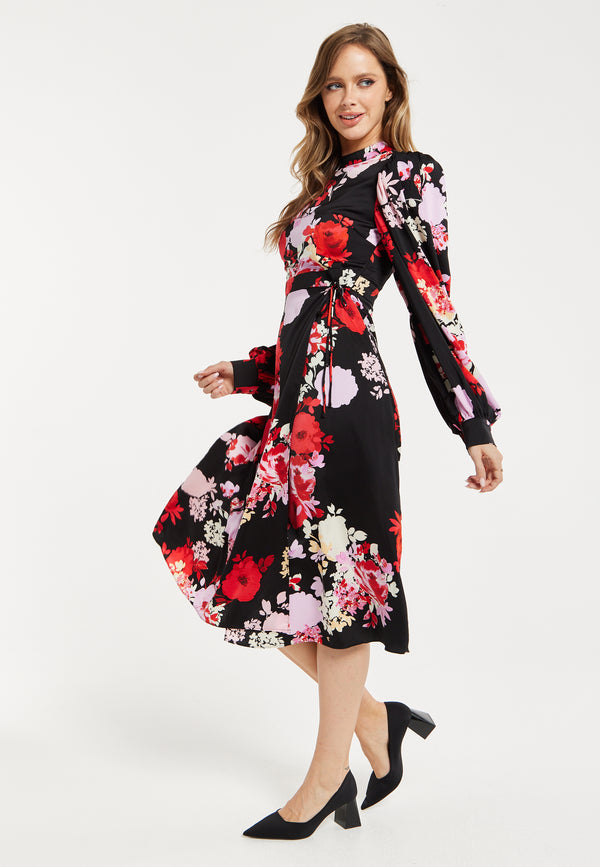 Liquorish Women's Midi Wrap Dress With Long Balloon Sleeves In Rose Print And Open Back Detail - Liquorish