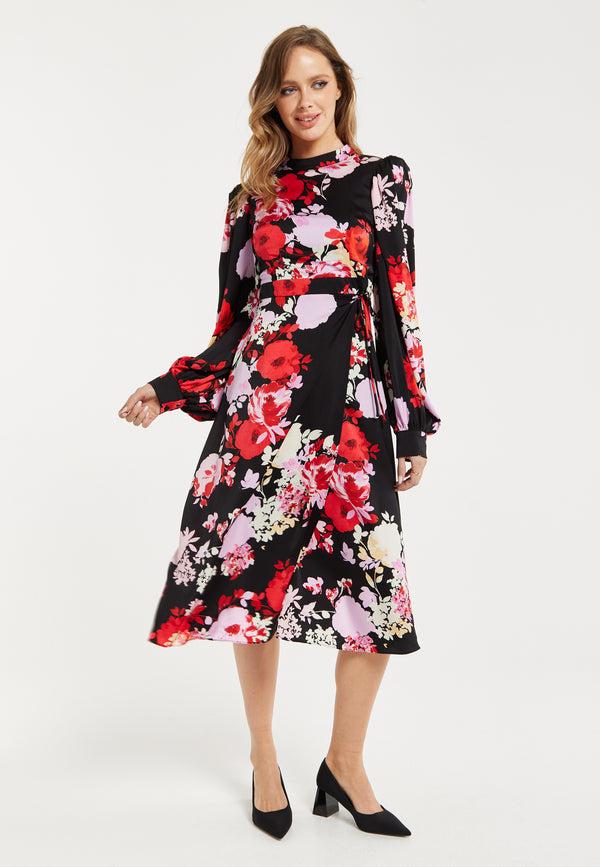 Liquorish Women's Midi Wrap Dress With Long Balloon Sleeves In Rose Print And Open Back Detail - Liquorish