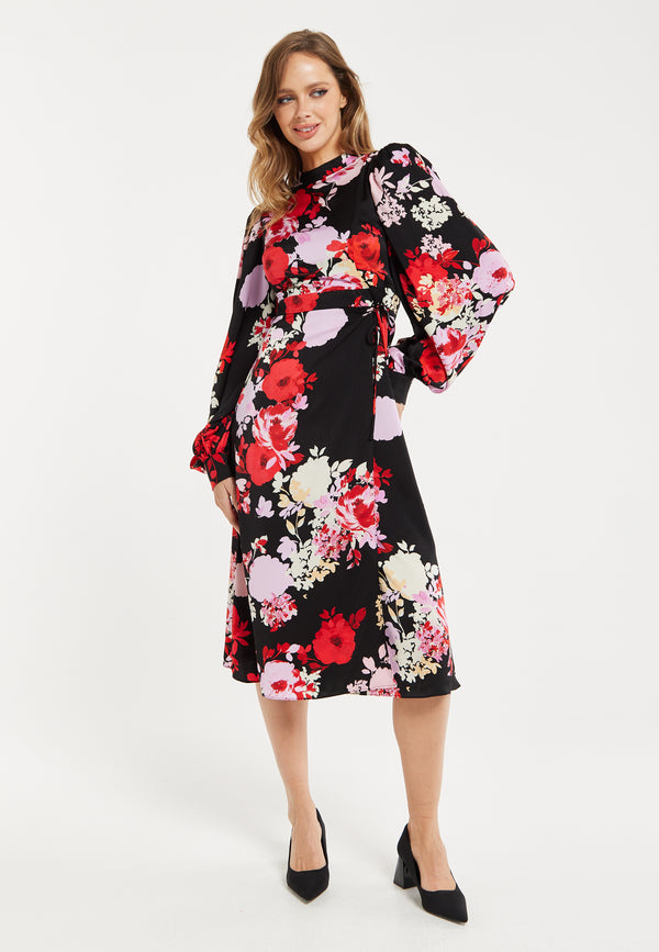 Liquorish Women's Midi Wrap Dress With Long Balloon Sleeves In Rose Print And Open Back Detail - Liquorish
