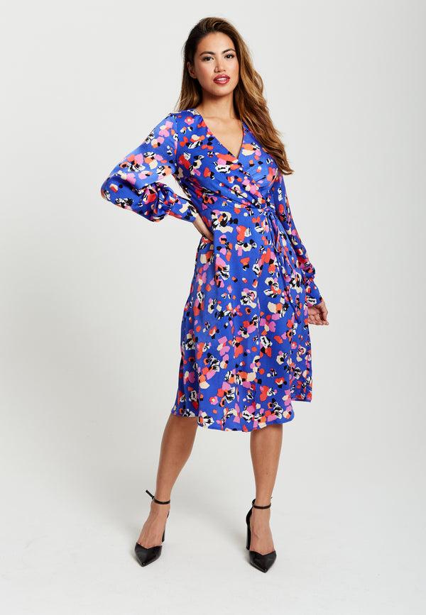 Liquorish Women's Midi Wrap Dress With Long Balloon Sleeves In Blue Multicolour Abstract Dot Print - Liquorish