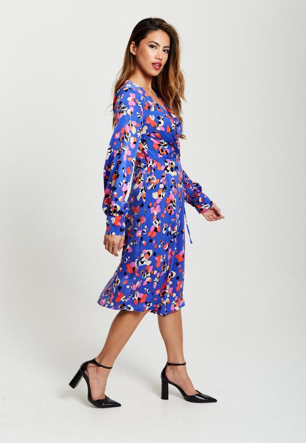 Liquorish Women's Midi Wrap Dress With Long Balloon Sleeves In Blue Multicolour Abstract Dot Print - Liquorish