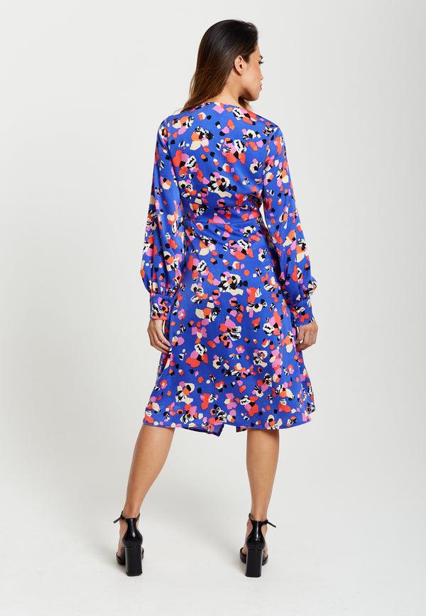 Liquorish Women's Midi Wrap Dress With Long Balloon Sleeves In Blue Multicolour Abstract Dot Print - Liquorish