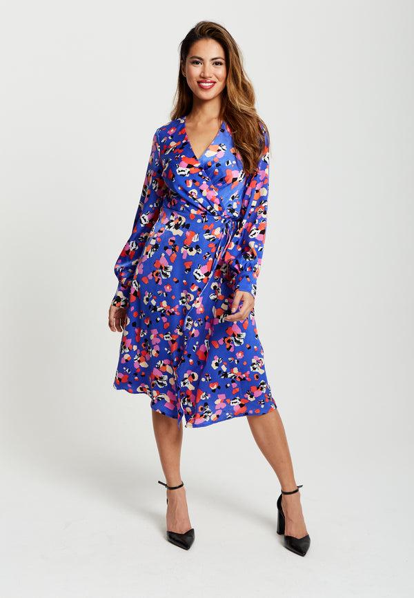 Liquorish Women's Midi Wrap Dress with Long Balloon Sleeves in Blue Multicolour Abstract Dot Print - Liquorish