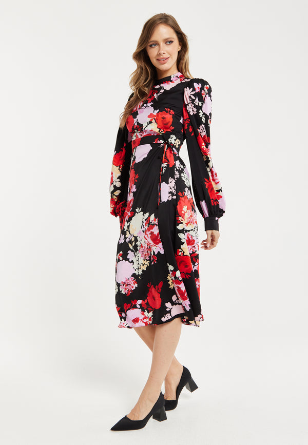Liquorish Women's Midi Wrap Dress with Long Balloon Sleeves in Rose Print and Open Back Detail - Liquorish
