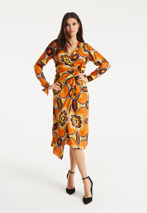 Liquorish Women's Midi Wrap Dress With Long Sleeves In Orange And Yellow Floral Print - Liquorish