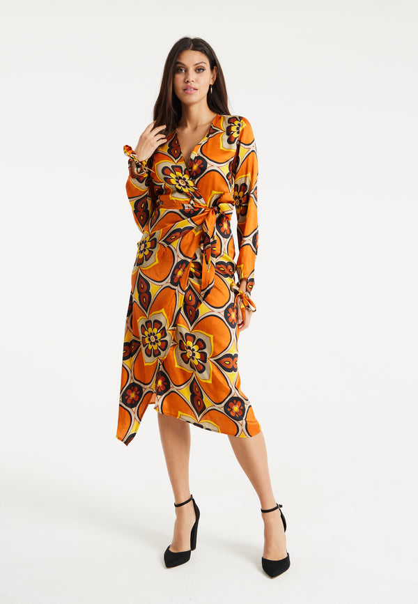 Liquorish Women's Midi Wrap Dress With Long Sleeves In Orange And Yellow Floral Print - Liquorish