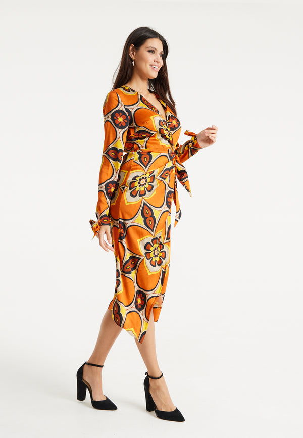 Liquorish Women's Midi Wrap Dress With Long Sleeves In Orange And Yellow Floral Print - Liquorish