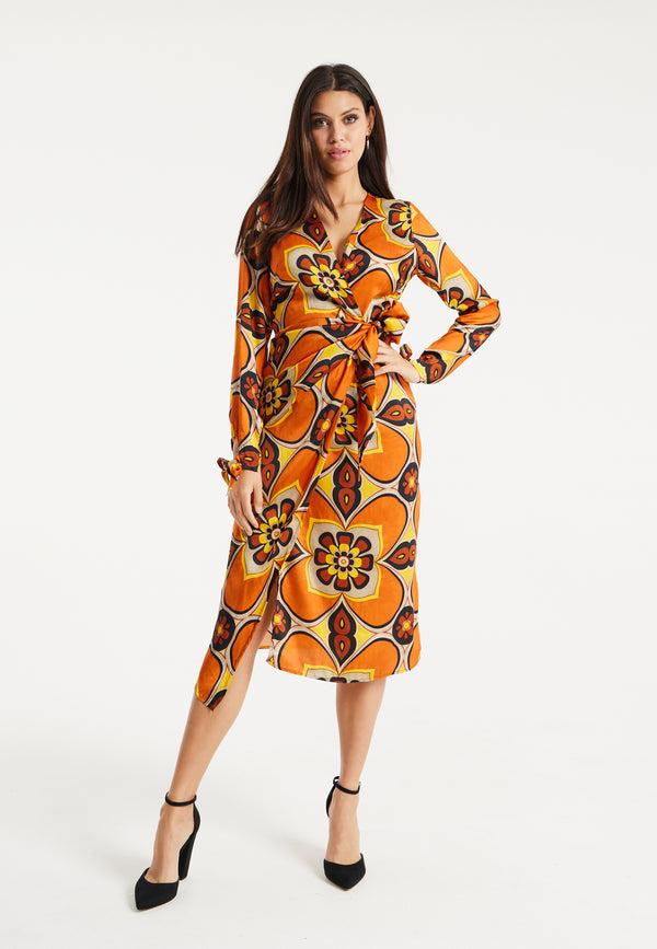 Liquorish Women's Midi Wrap Dress with Long Sleeves in Orange and Yellow Floral Print - Liquorish