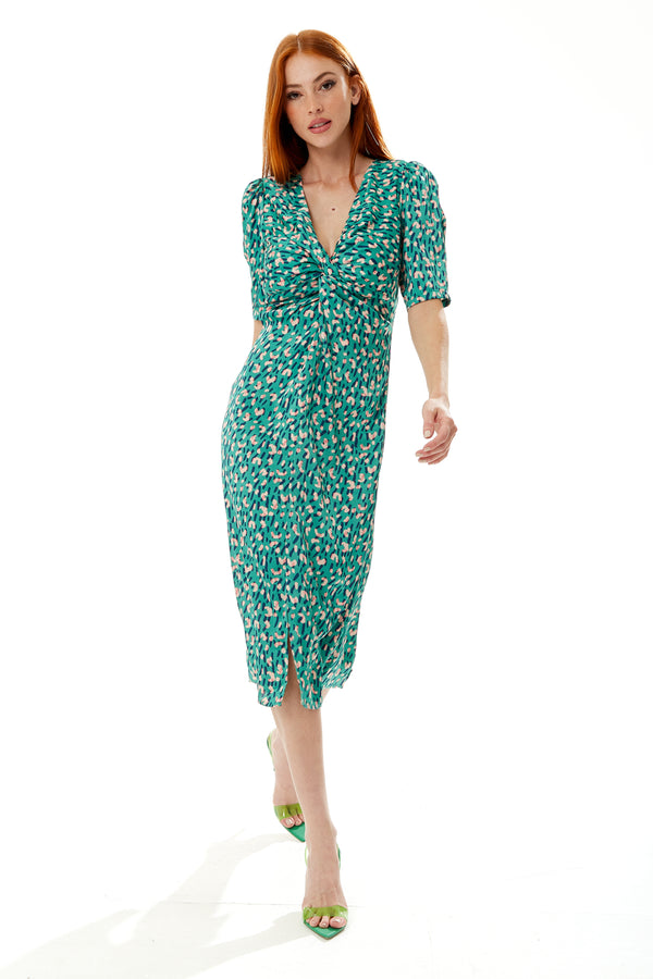 Liquorish Women's Midi Wrap Dress With Short Sleeves And Daring Front Slit In Green - Liquorish